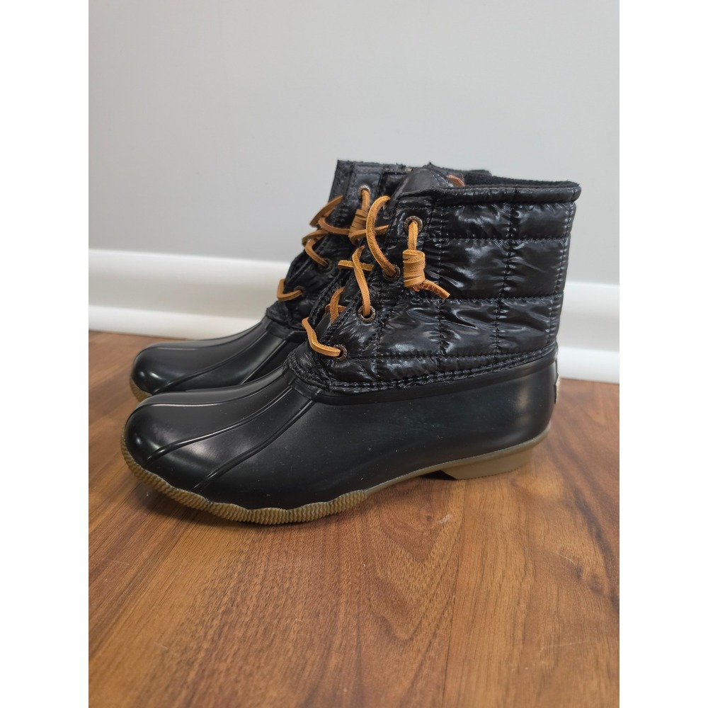 NEW Sperry Saltwater Duck Boots 8 Black Quilted Nylon Ankle Rain Boots